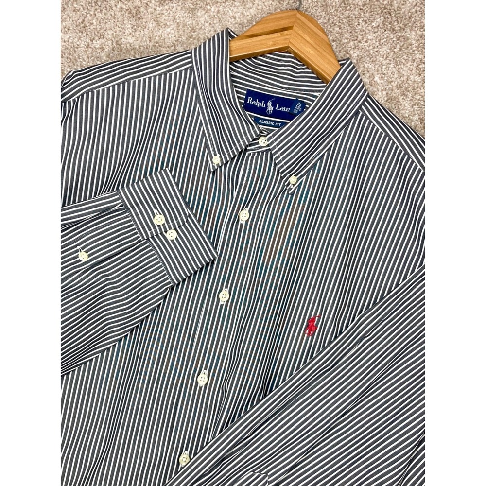 Ralph Lauren Classic Fit Striped Button Down Shirt Mens 17.5 Gray White Office